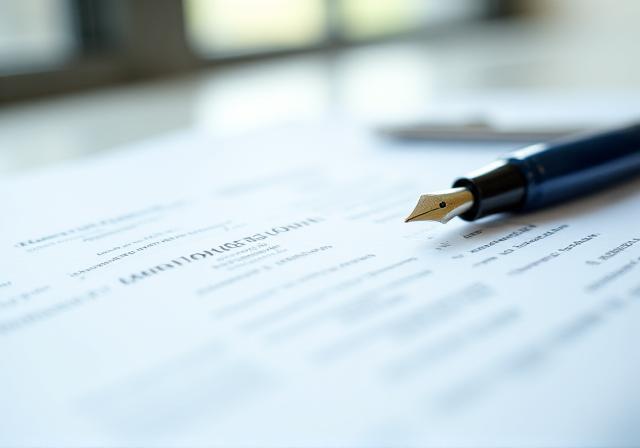 Close up of a professional contract and fountain pen on a clean desk