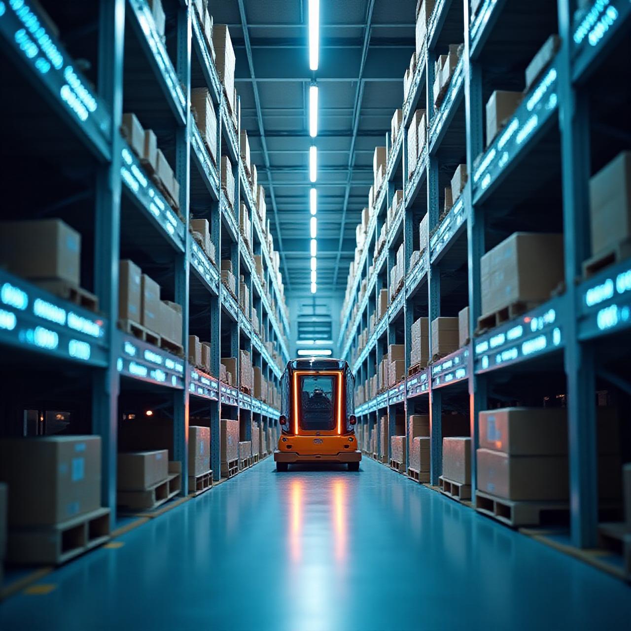 Modern automated warehouse facility with robotic arms and bright blue lighting