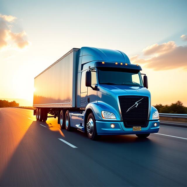 A vibrant modern semi-truck moving fast on a clear highway