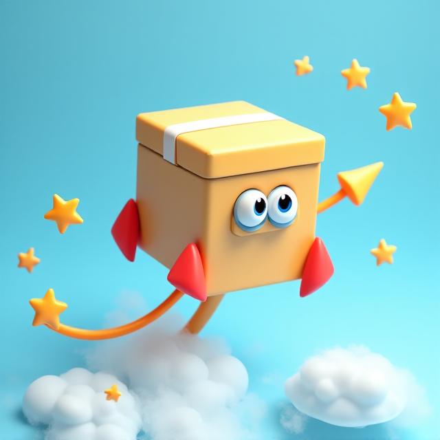 Creative 3D illustration of a friendly delivery box with rocket boosters